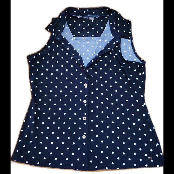 Tommy Hilfiger Navy Blue White Polka Dot Button Down Top Tank Blouse Sz M - Picture 5 of 8